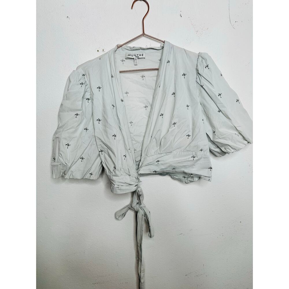 MUNTHE White Floral Printed Cotton Blend V-Neck Tie Closure Goldie Top Size 42 - Picture 3 of 12